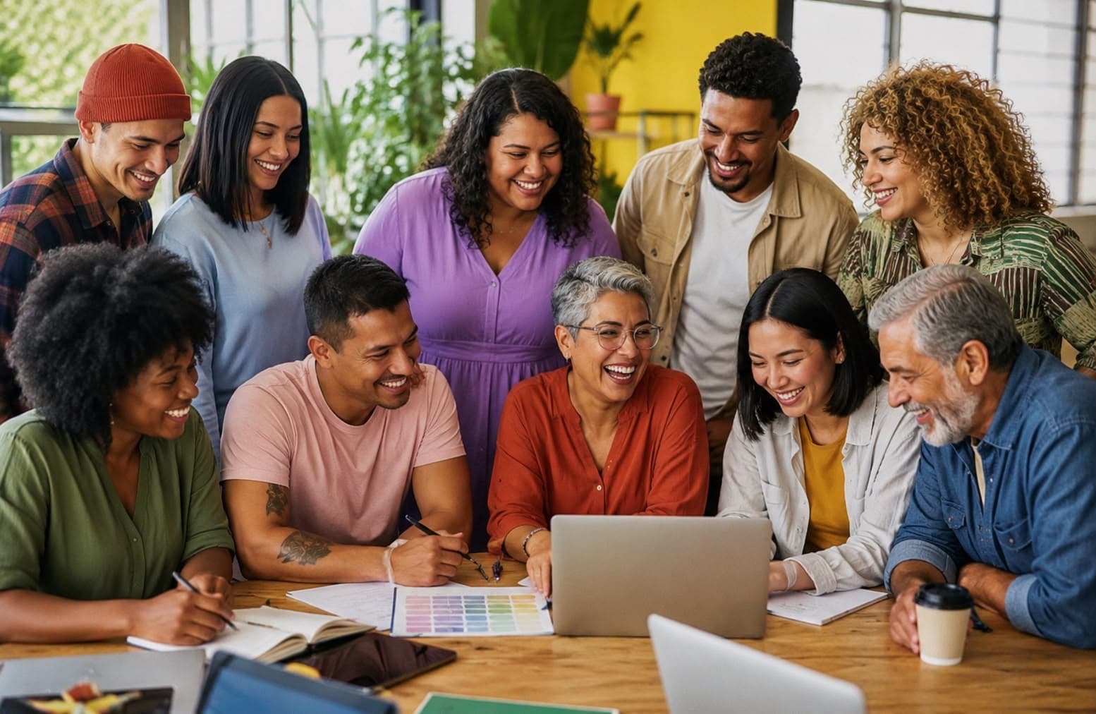 Equipe diversa colaborando ao redor de um notebook