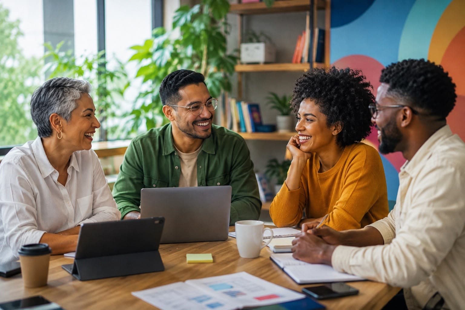 Equipe diversa colaborando ao redor de um notebook na Umaé